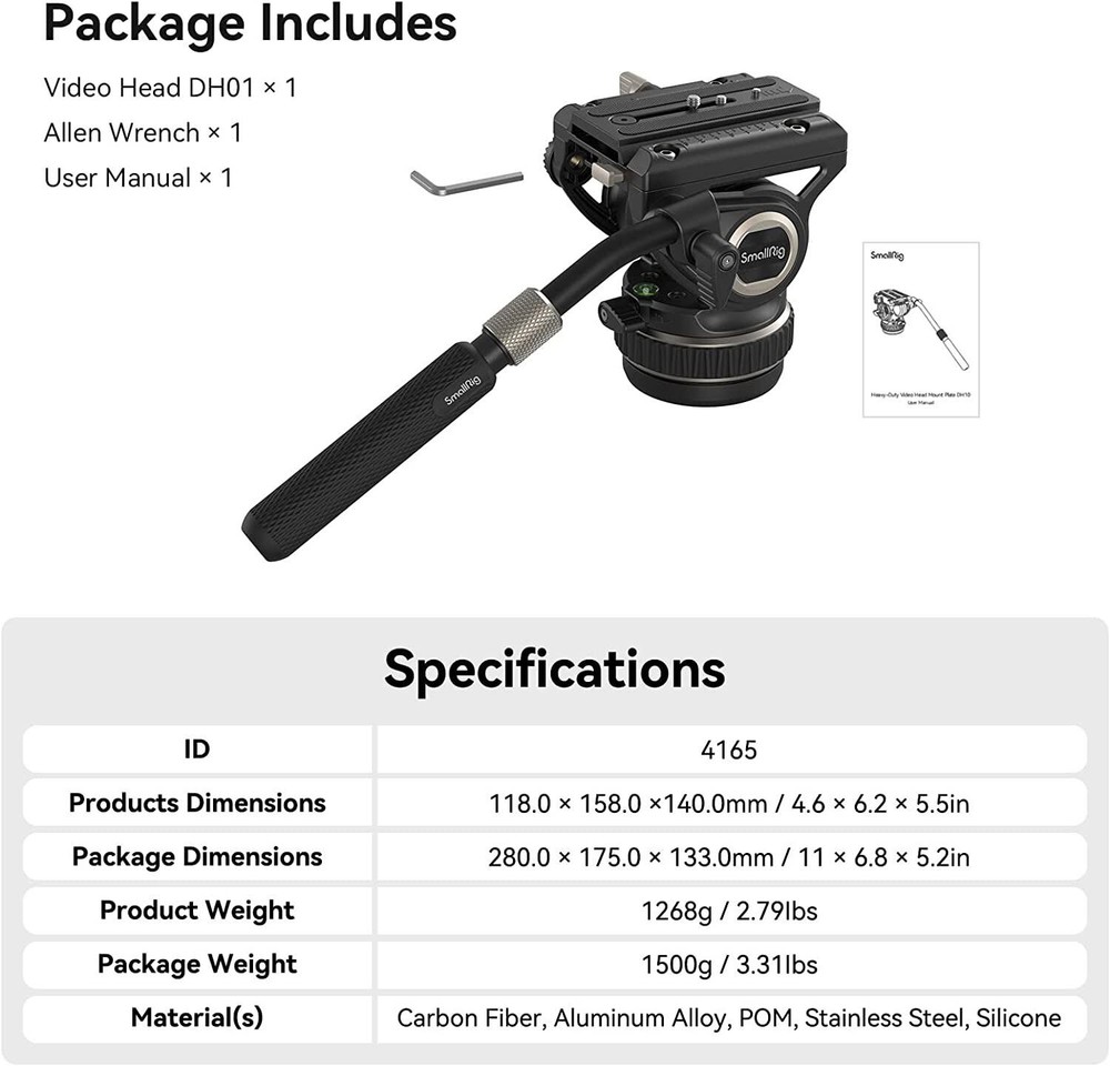 SmallRig DH10 Heavy Duty Tripod Fluid Video Head w/ Flat Base &Adjustable Handle