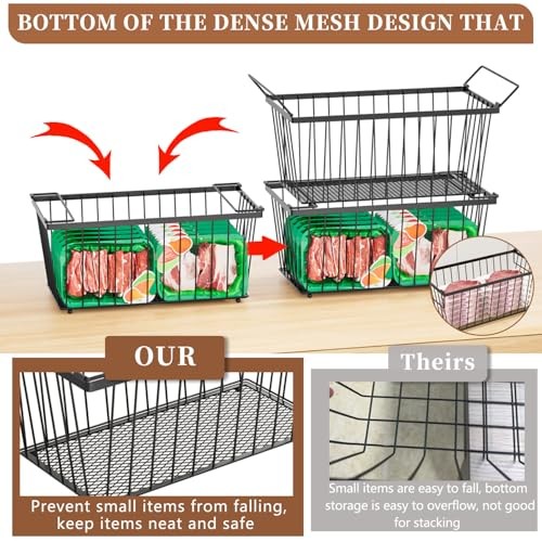 6 Pack Stackable Deep Freezer Organizer Bins ，Upgraded Bottom Leak Black 6 Pack
