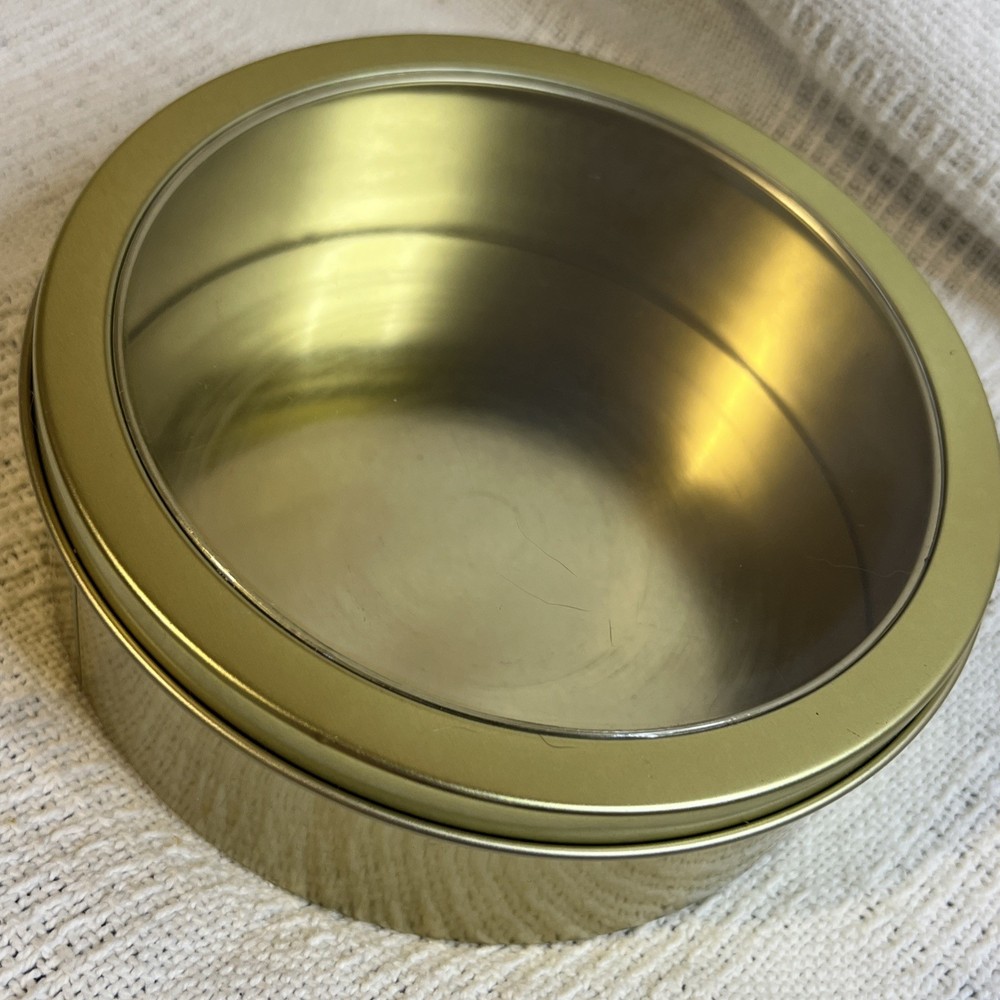 16oz Solid Gold Tin Round Metal Container with Clear Top 6” X 2”