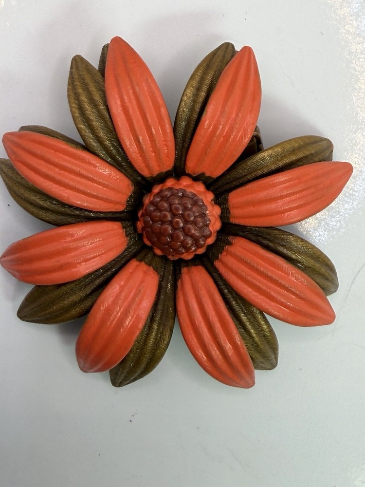 Beautiful Orange Flower Brooch W/ Orange And Green Enamel Painted Accents NICE!!