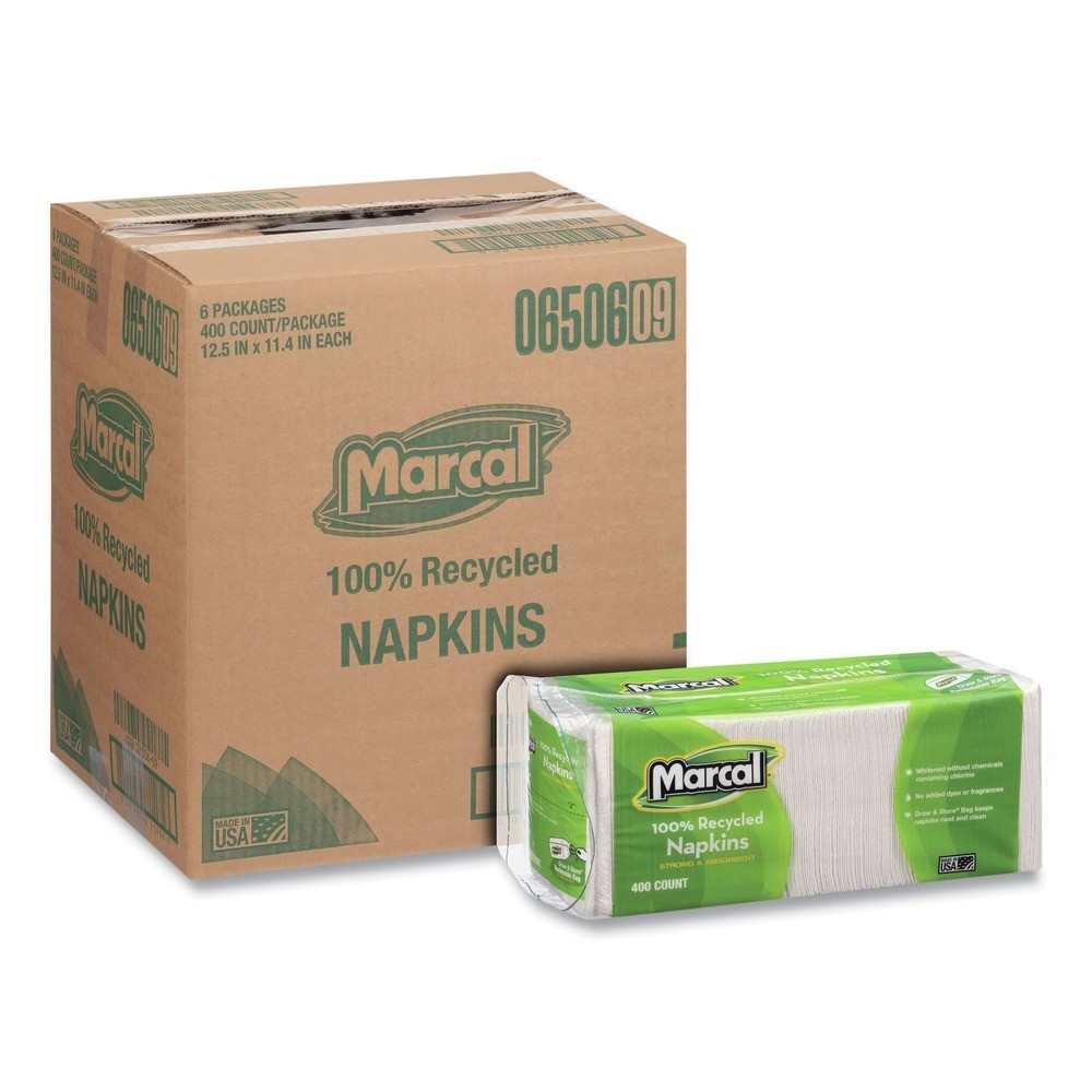 Marcal 6506 11.4" x 12.5" 100% Recycled Luncheon Napkins - White (6/CT) New