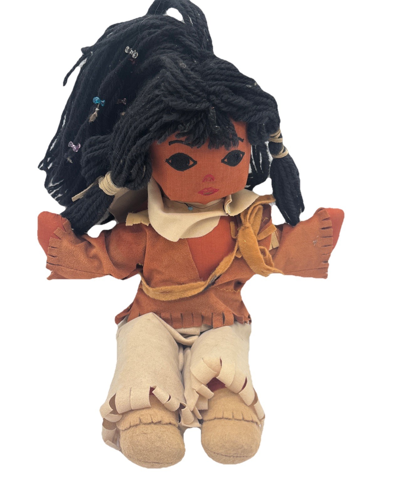 Native American Doll Yarn Hair Vintage Beads In Her Hair Female Doll {70}