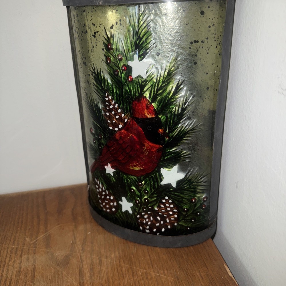 Cardinal Winter Spruce Hand Painted  Lantern- Memorial Winter Peace Christmas