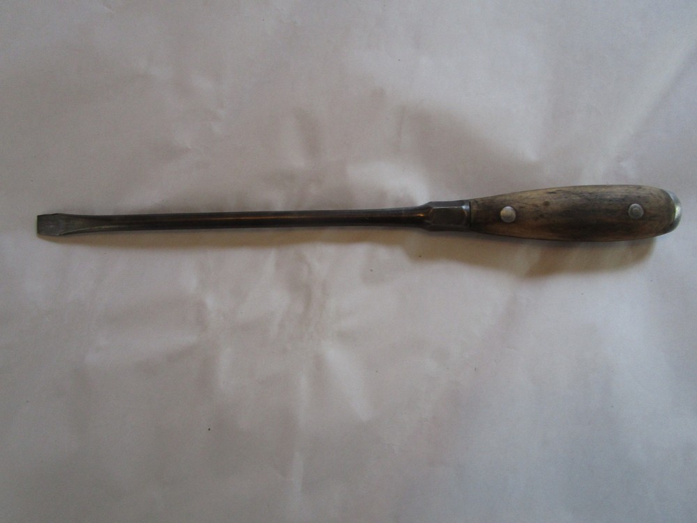 Antique Split Wood Perfect Handle Large Screwdriver, Flat Head, 16", Merit