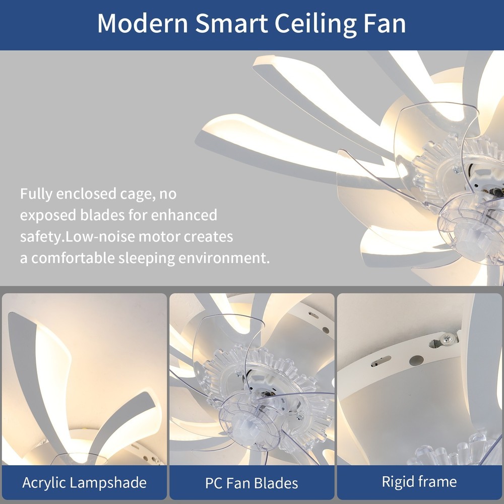30" White Bladeless Ceiling Fan with LED Light 6 Speeds Timer App Remote