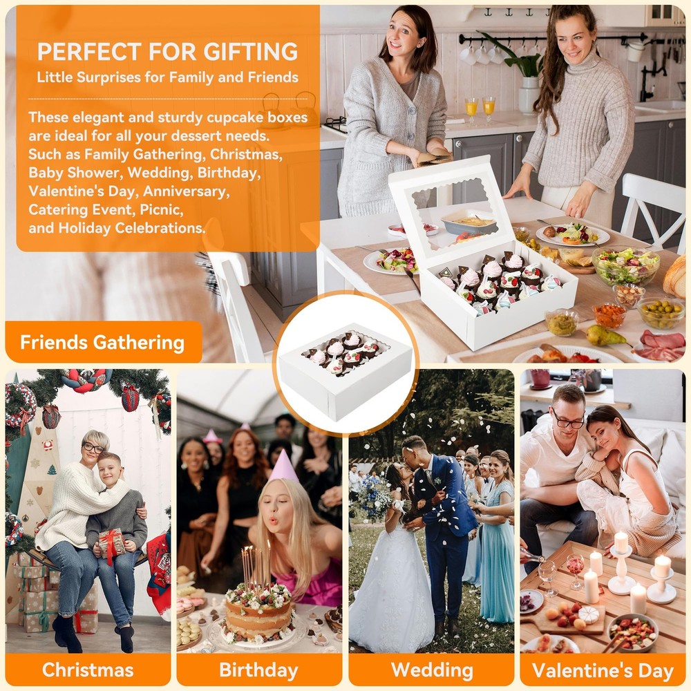 20-Set Cupcake Boxes Bulk with Clear Display Window Hold 12 Standard Cupcakes...