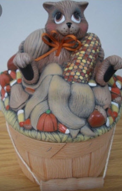 Ceramic Bisque ~ Ready to Paint~Squirrel in Fall Peck Basket with Candy and Corn