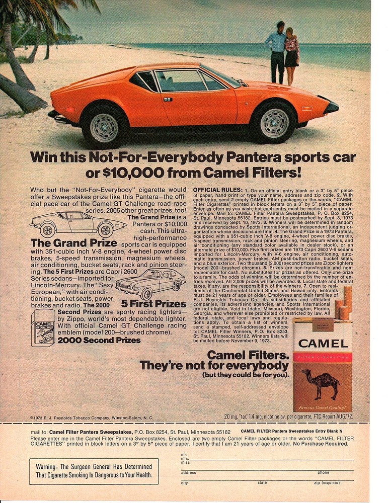 1973 PANTERA BY GHIA ~ ORIGINAL CAMEL CIGARETTE CONTEST AD