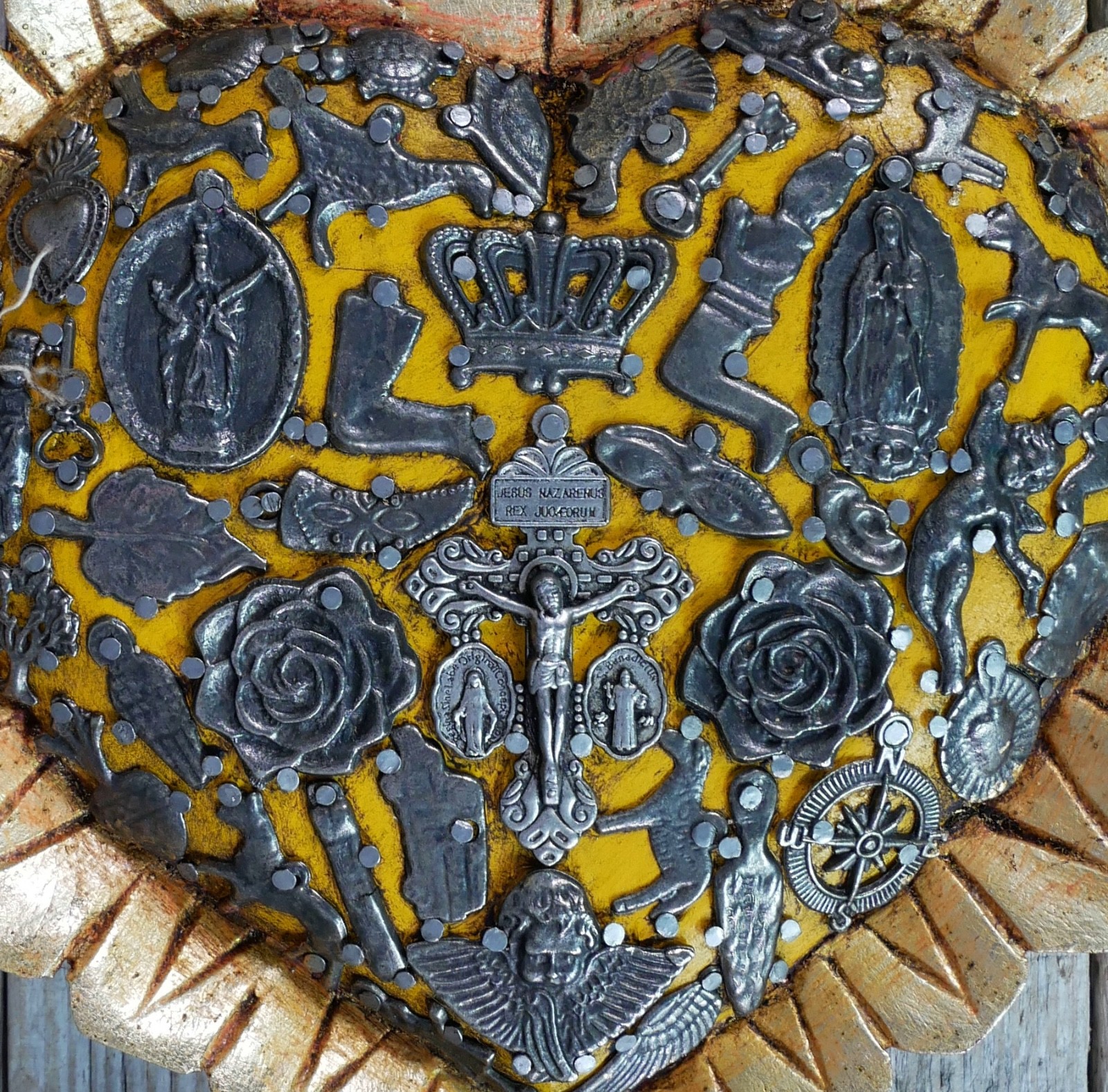 Heart With Gold Baby Feathers Milagros Wood Handmade Mexican Folk Art Love Token