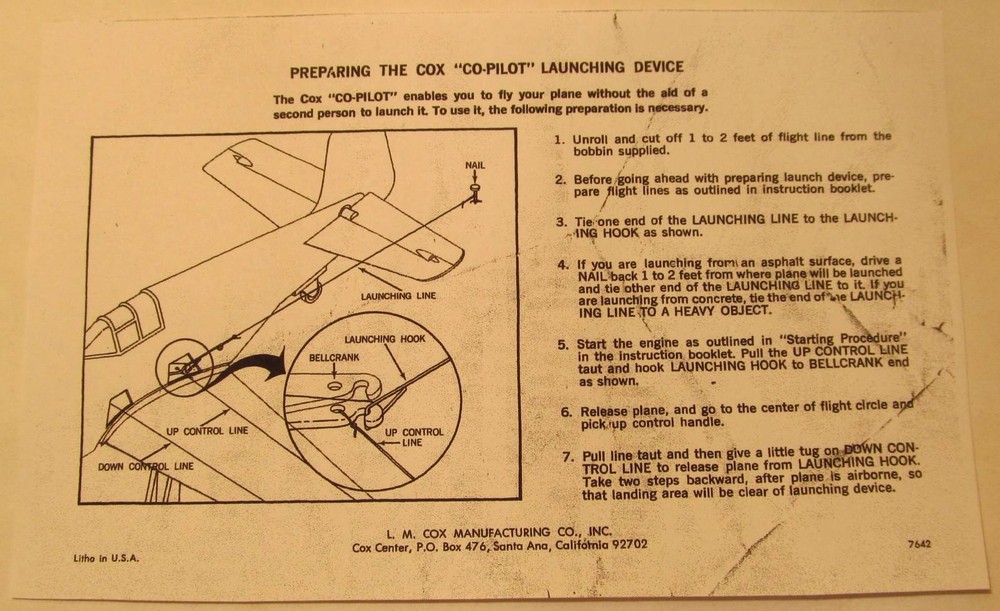 Cox Co-Pilot Launching Device Instructions Photocopy for Gas Powered Plane