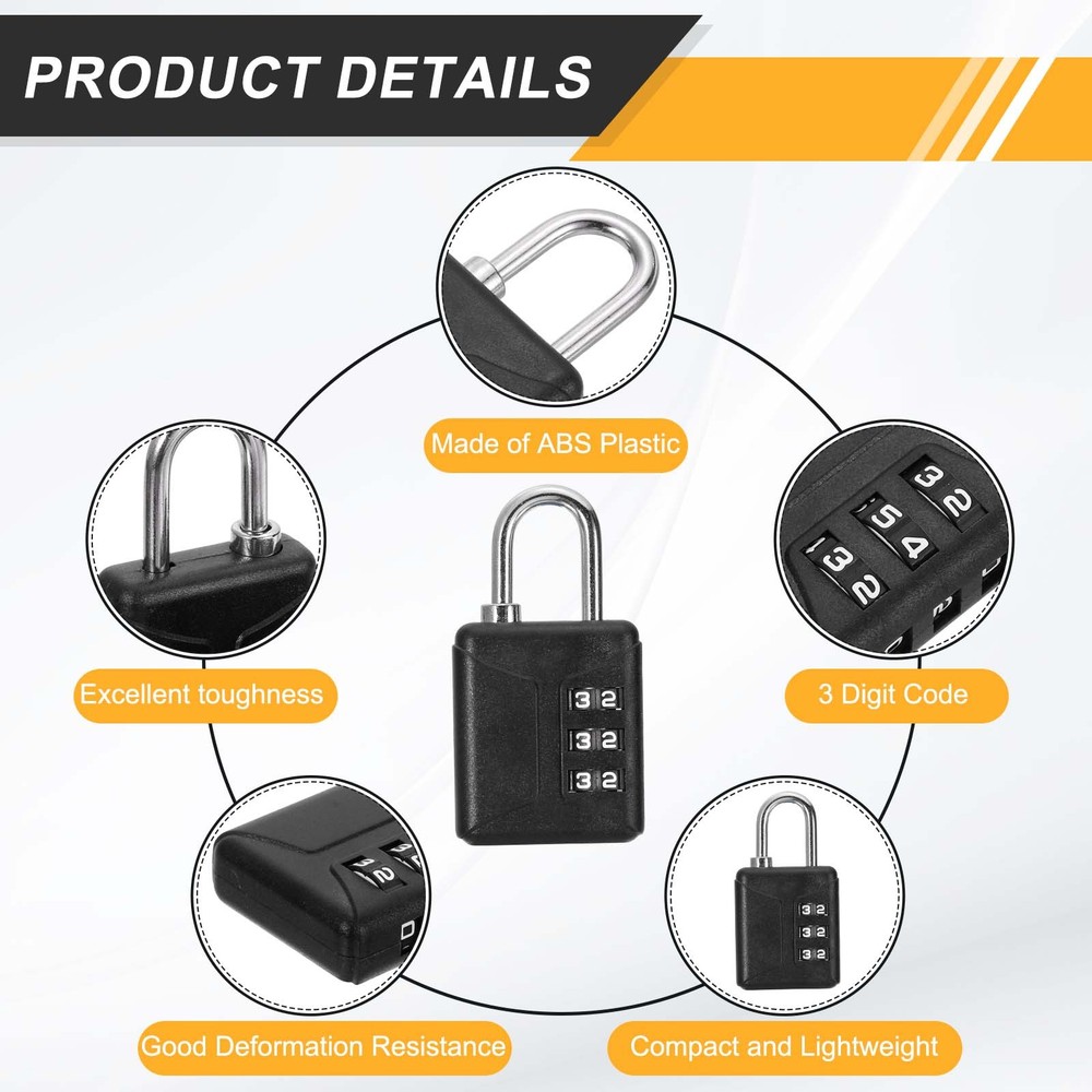 4pcs Resettable 3 Digit Plastic Combination Padlock, Black (60 x 32mm)