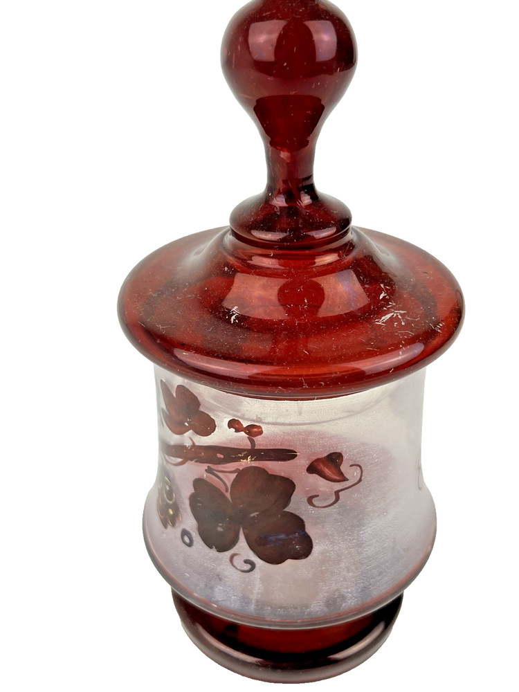 Antique Bohemian Ruby Red Covered Candy Dish W/ Leaf Pattern 7"