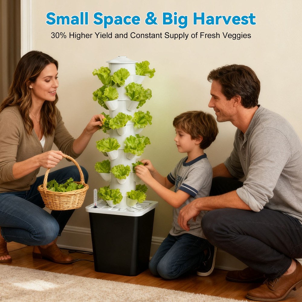 Vertical Hydroponic Tower: 6-Tier, 30-Pod Grow Light & Timer with Water Pump