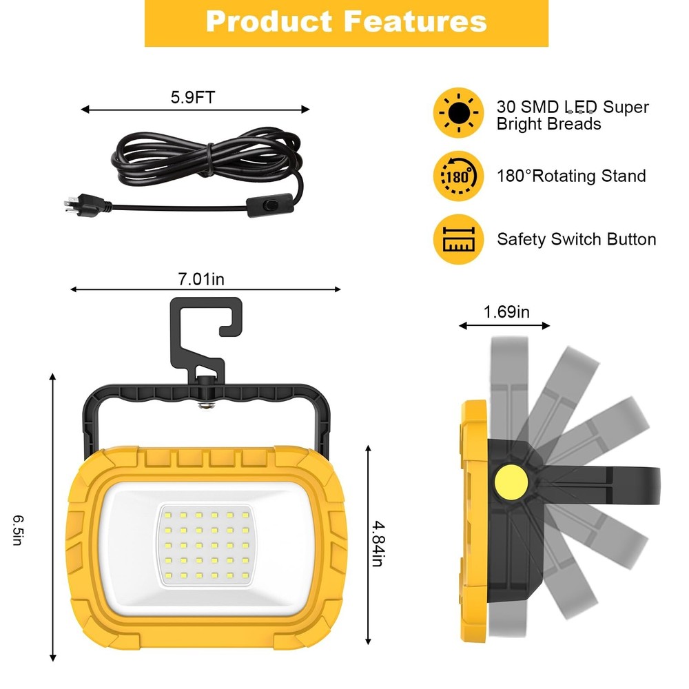 LED Work Light, 1100LM 6500K Portable Work Light, Work Lights on Stand Rotata...