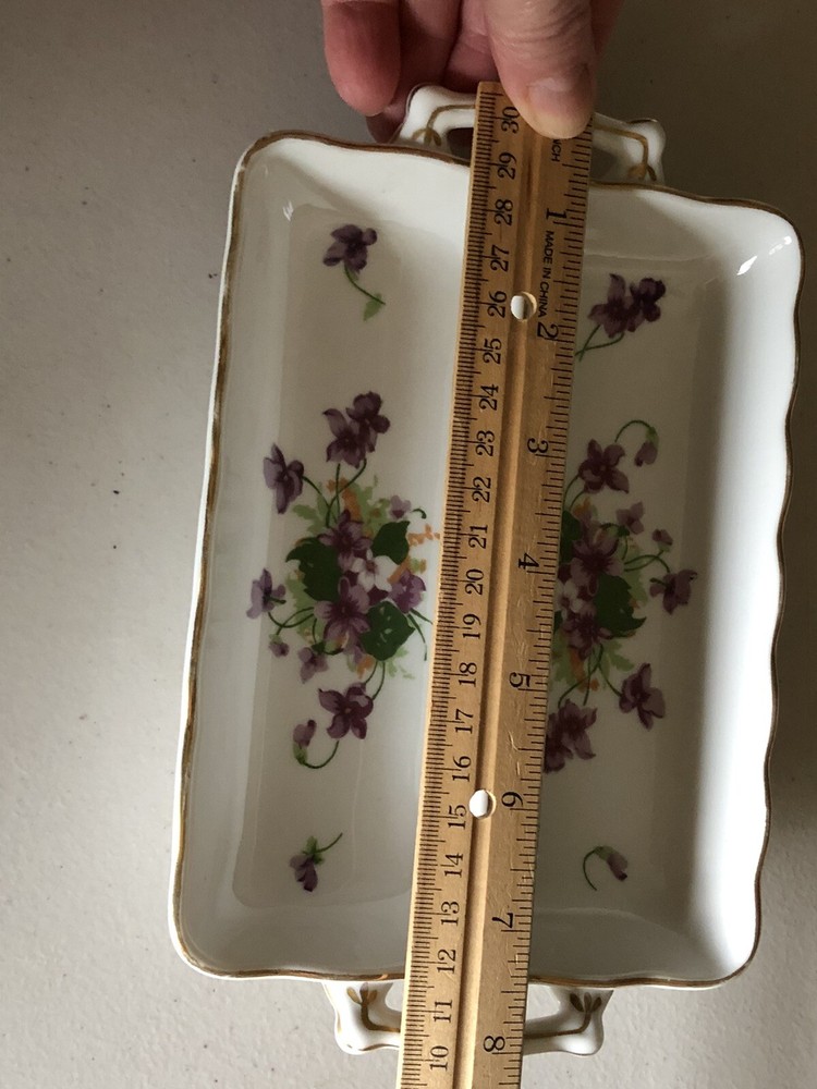 VTG PORCELAIN SWEET VIOLETS DIVIDED RECTANGULAR DOUBLE HANDLE DISH JAPAN 8”