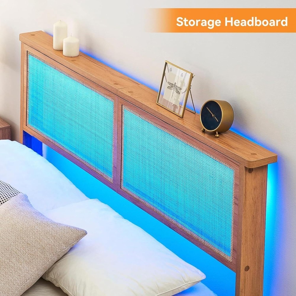 ✅Full Bed Frame W/Rattan Headboard Platform Bed Frame LED Lights Wood Headboard