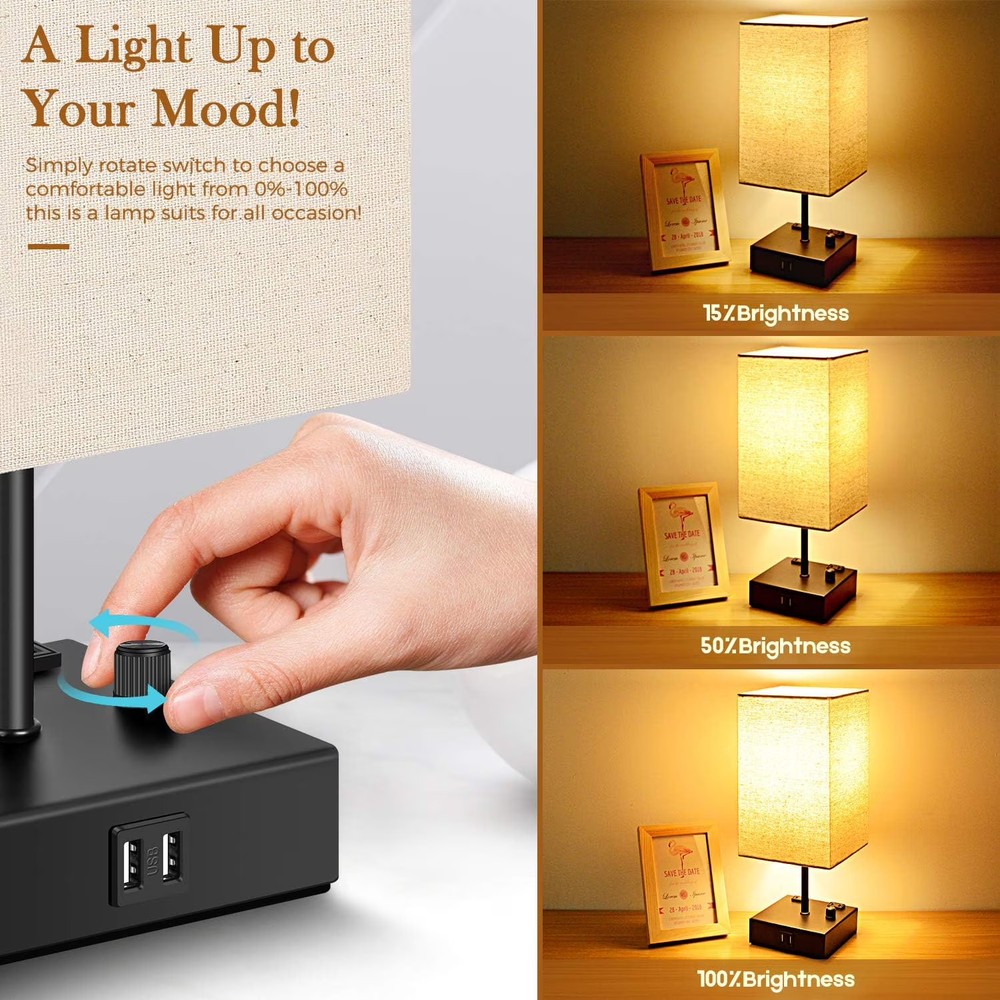 Nordic Hygge Fully Dimmable USB Bedside Table Lamp, 2 Pack