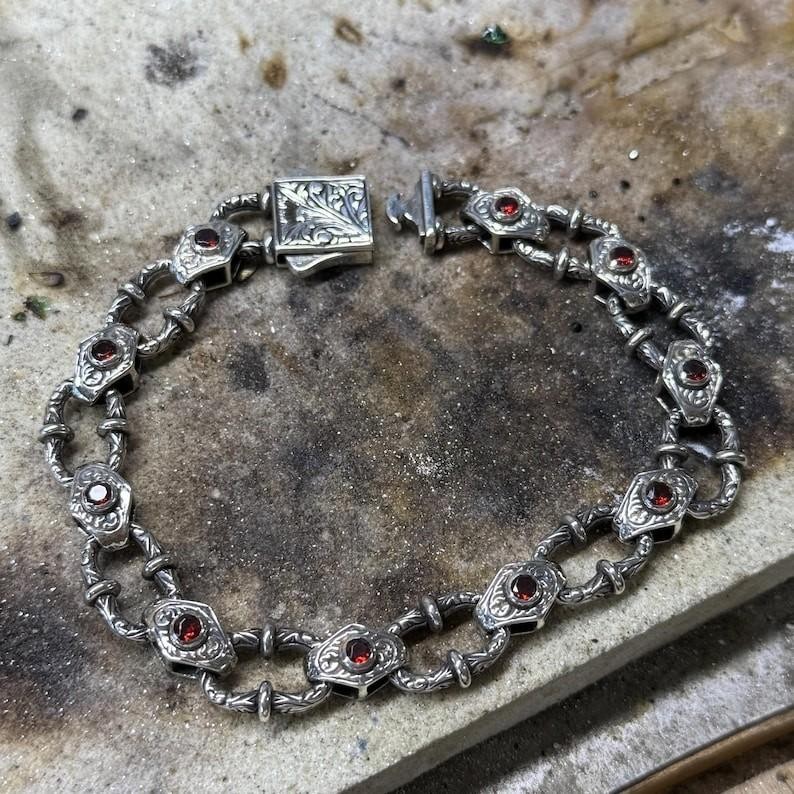 Men Silver Ruby Hand-Engraved Bracelet, Red Ruby Gemstone Chain Bracelet