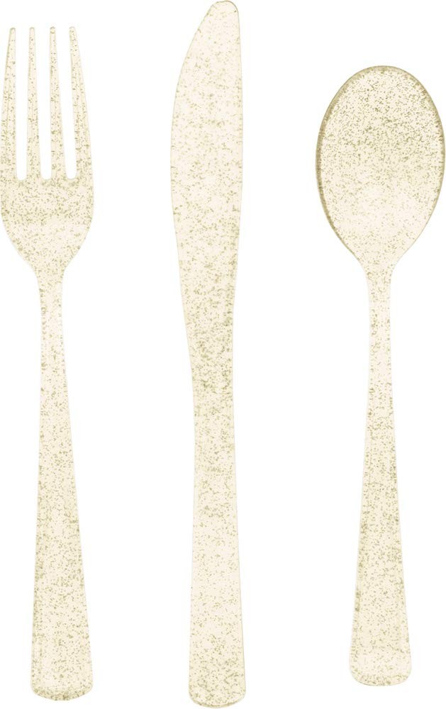 Unique 63650 Gold Glitter Assorted Plastic Cutlery, 18ct