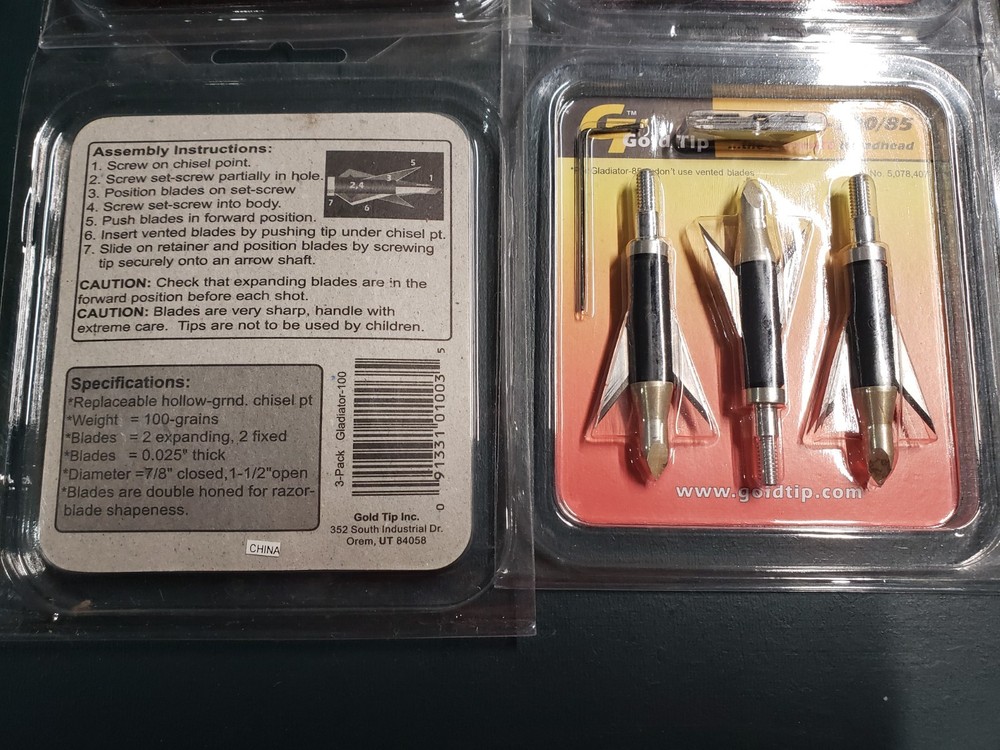 Original Gold Tip Gladiator 100 gr / 85 gr Expandable Broadheads - NOS 3 Pack