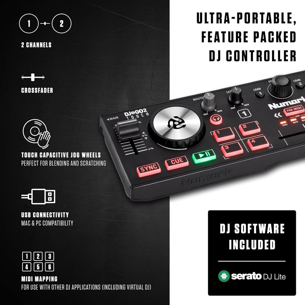 DJ2GO2 Touch: Feature-Packed Compact DJ Controller, 2-Deck, Audio Interface
