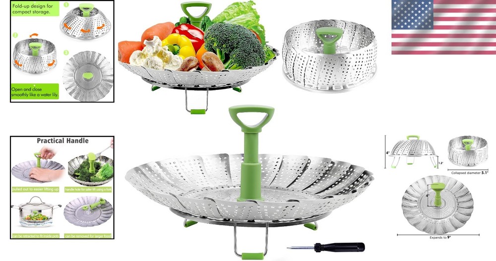 Collapsible Vegetable Steamer with Extendable Handle - Fits 5.1" to 9" Pots