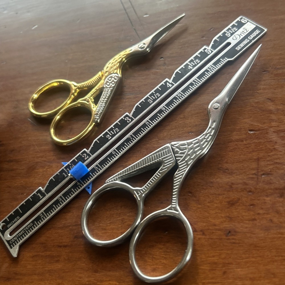 2 VTG Crane Stork Sewing Scissors Made Italy/Include Ruler