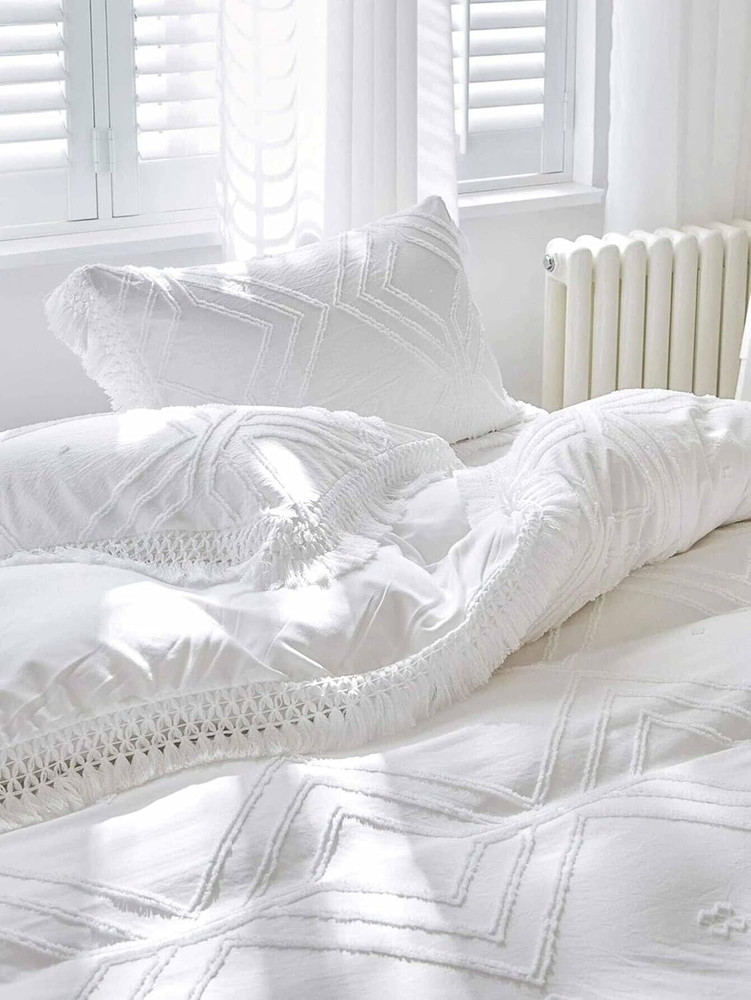 Boho Chic Queen Comforter Set - White Tufted Tassel Microfiber Bedding 3Pc