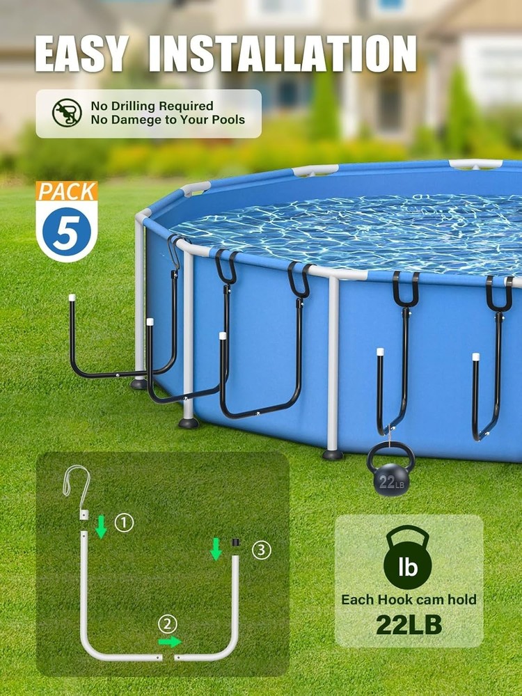 5 Pack Solar Pool Cover Holders Adjustable Hooks for Framed Above Ground Pool...