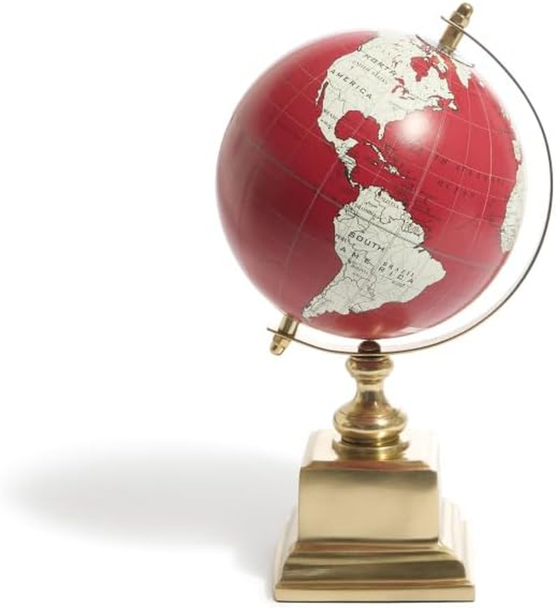 Deep Red Decorative Globe – 10.75″ on Gold Aluminum Base, Tilted Axis World Map