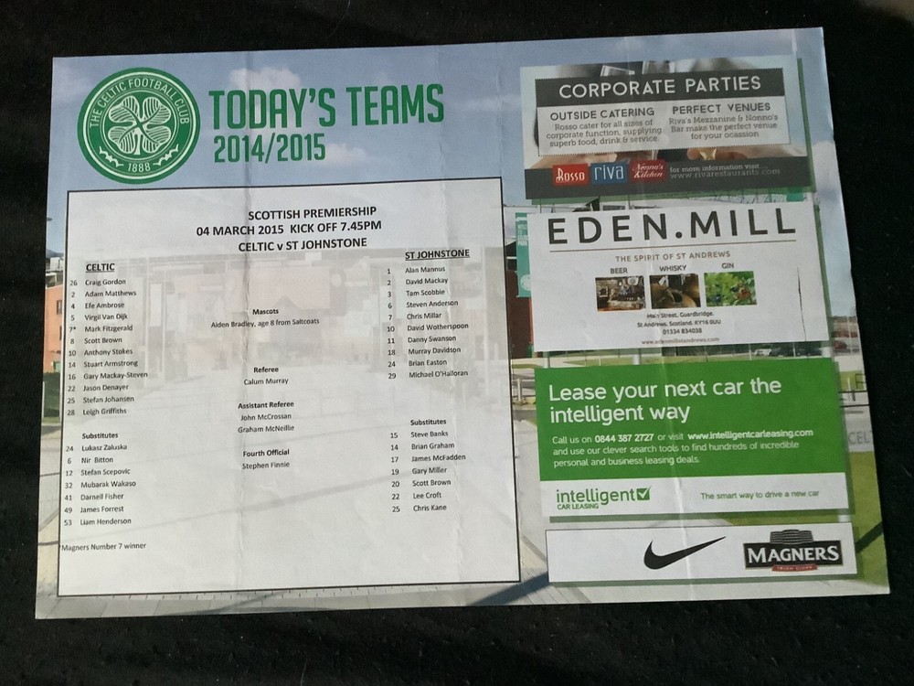 2014/15 Celtic v St Johnstone March teamsheet