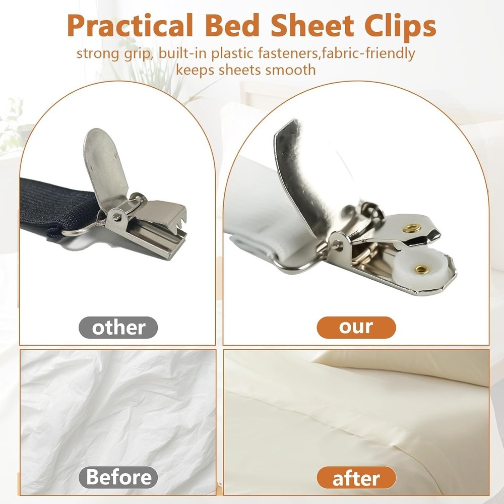 4PCS Bed Sheet Straps Adjustable Elastic Sheet Holders with Metal Clips White