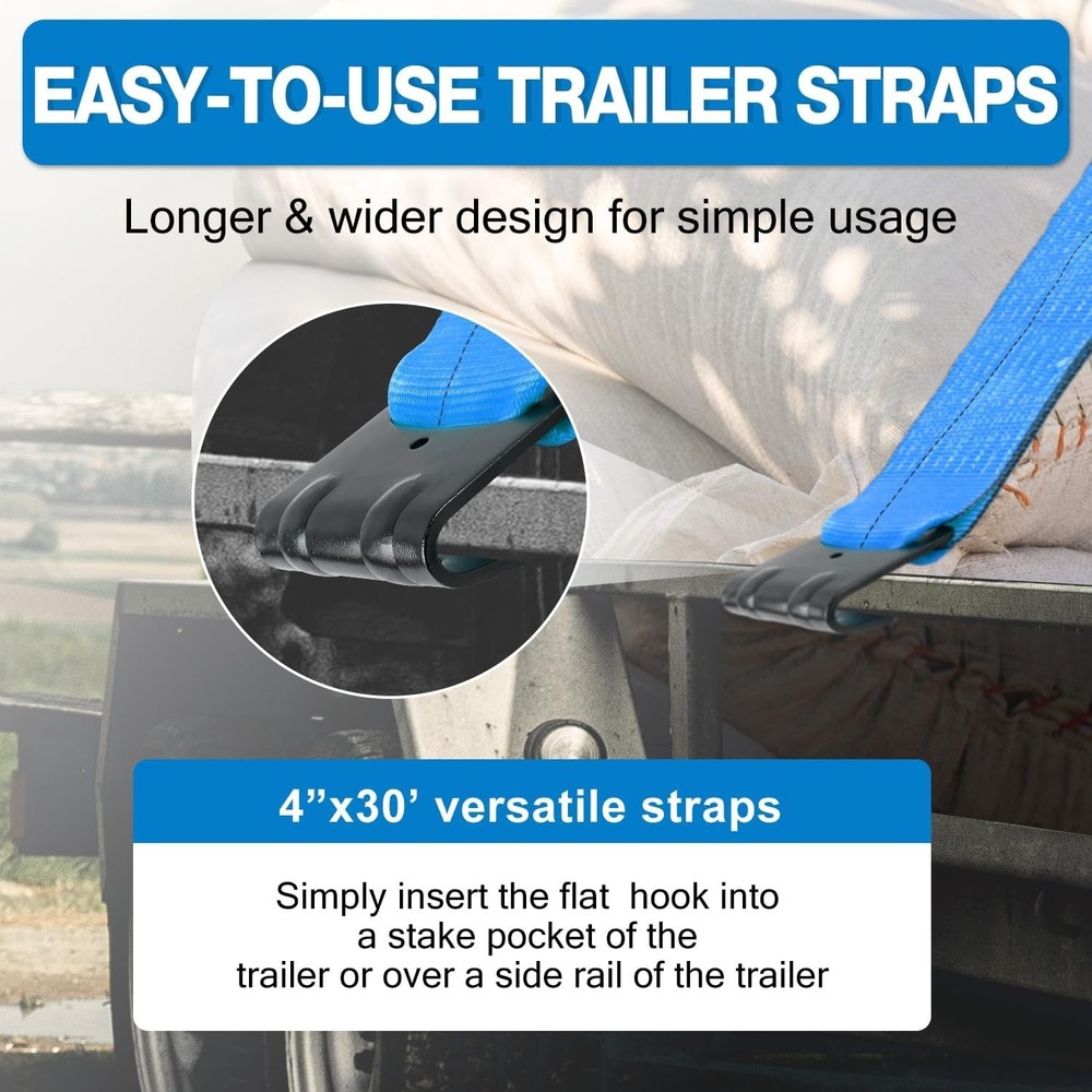 New 4" x30' Winch Straps with Flat Hook Flatbed Tie Downs