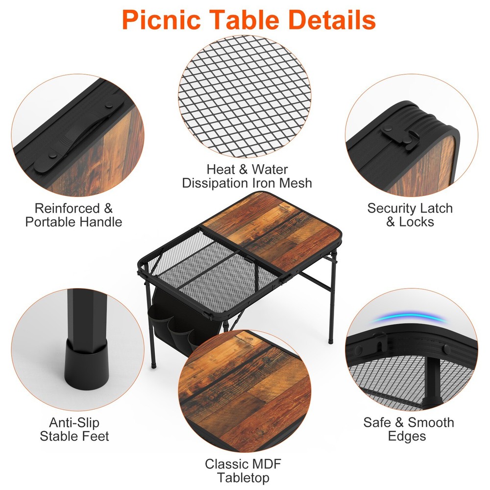 Foldable Camping Table Picnic Aluminum Grill Stand Height Adjustable BBQ Table