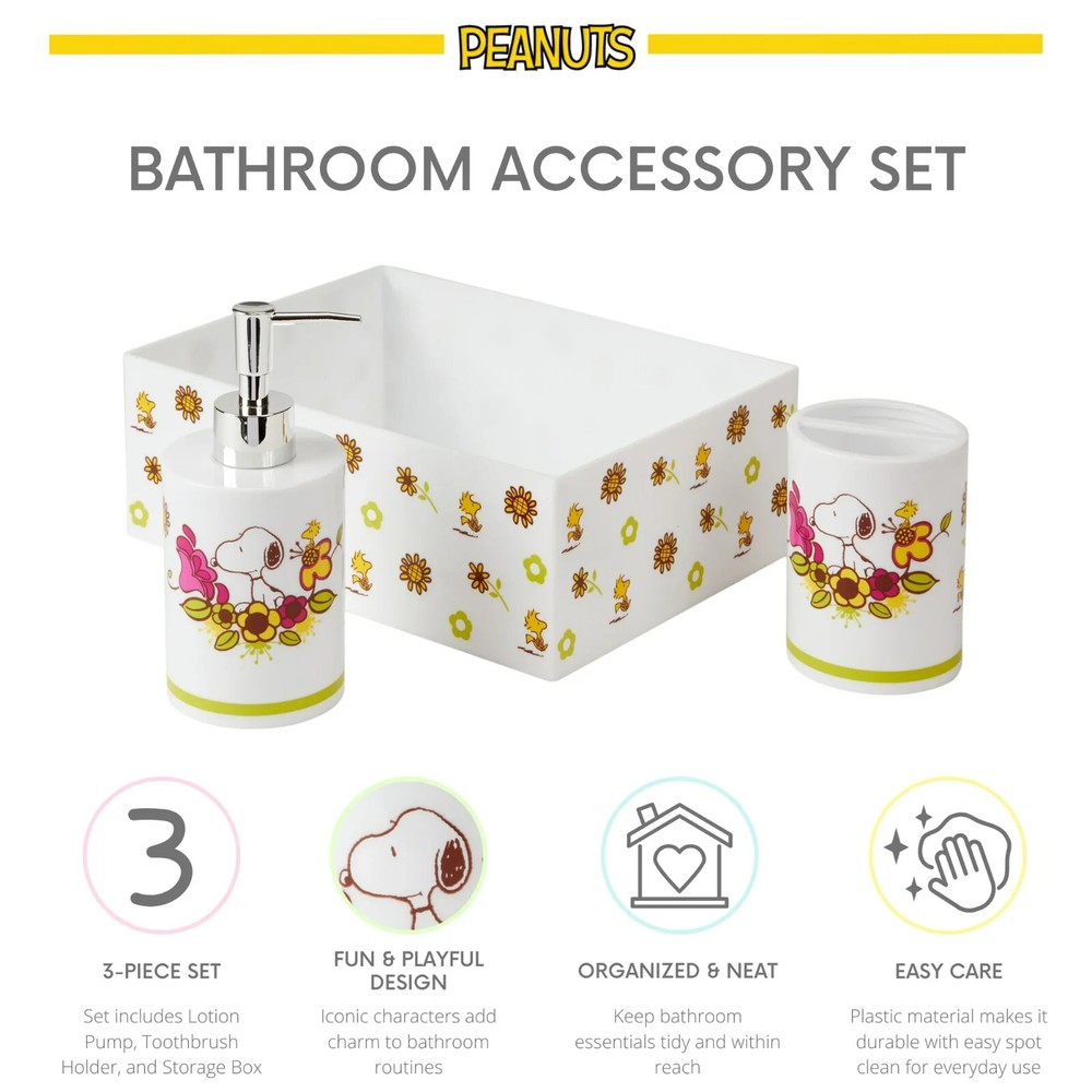Snoopy 3-Piece Bathroom Accessory Set, Toothbrush Holder, Soap Pump, Storage Bin