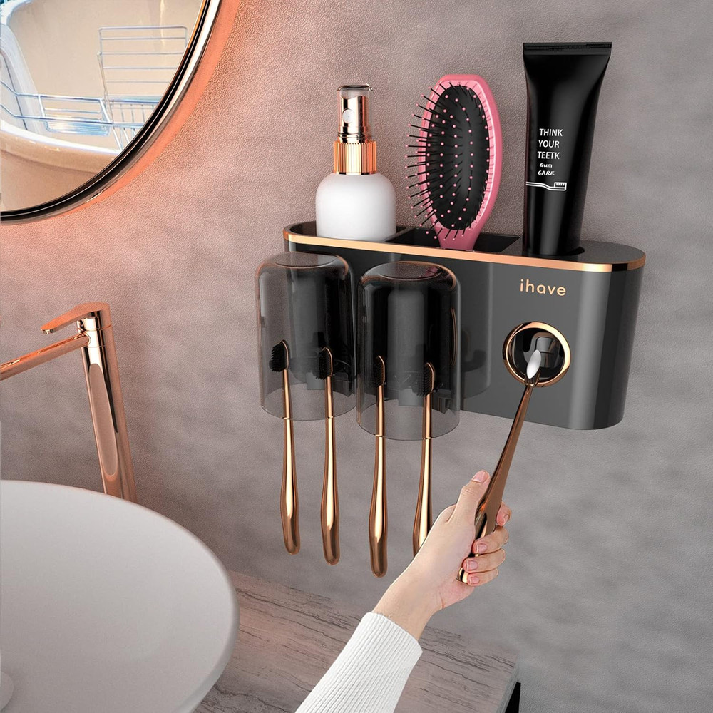 Toothbrush Holders Bathroom Accessories with Toothpaste Dispenser, 2 Cups Toothb