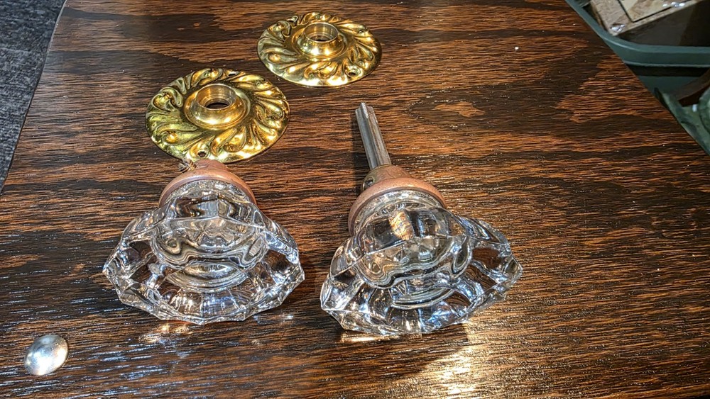 Oval Crystal Door Knobs AABCO Rosettes & spindle Cut Glass Set, Copper Brass