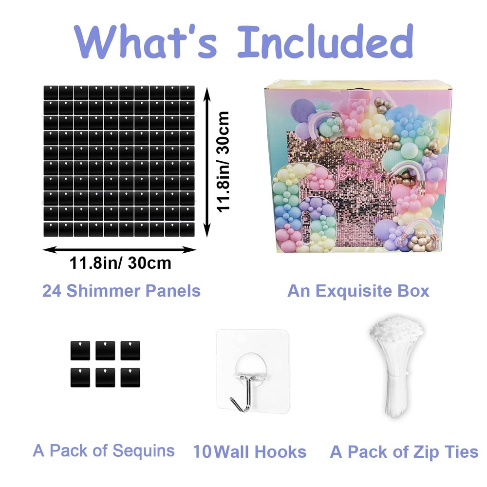 24 Panels Black Shimmer Wall Backdrops, Square Sequins Backdrops with 3D Effe...