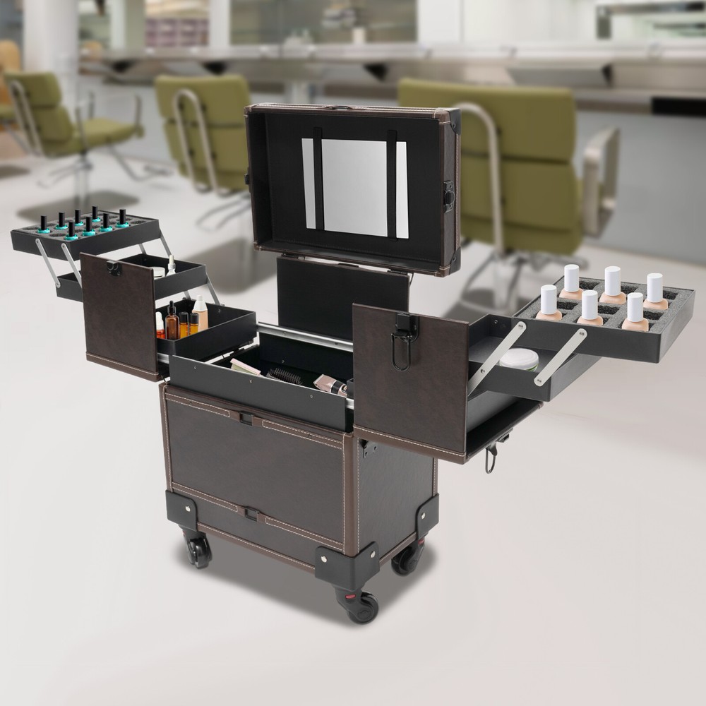 Rectangular Rolling Makeup Train Case Trolley Cosmetic Organizer Box with Mirror