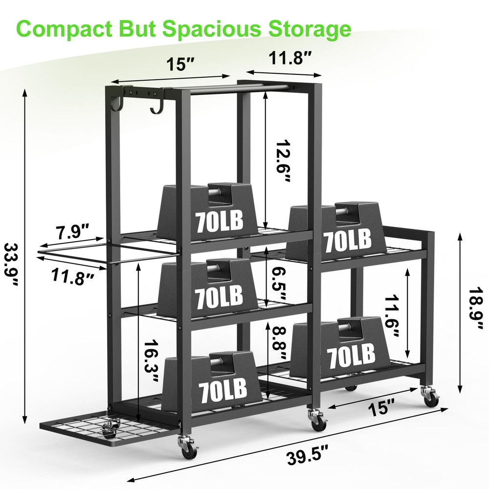 6-Tier Multi-Functional Home Gym Storage Rack with Wheels and Hooks, Adjustable