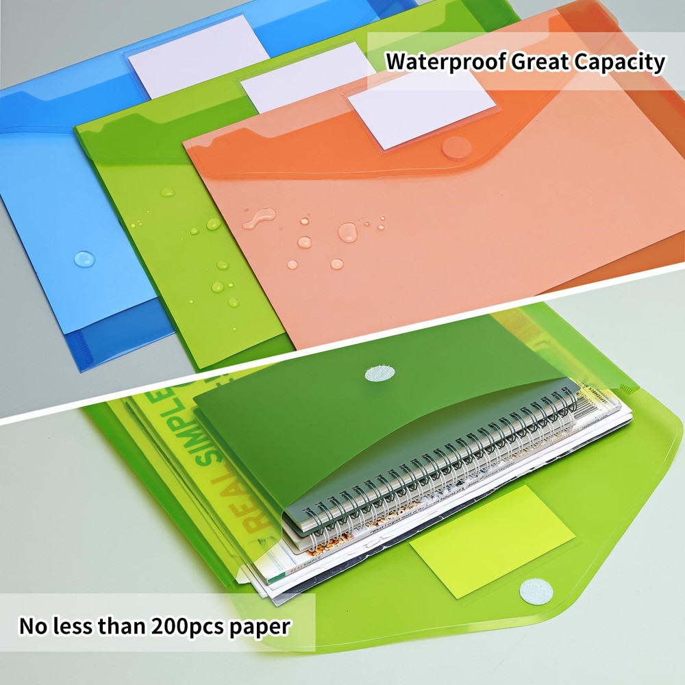 30 Pack 10 Color Plastic Envelopes Poly Envelopes, Hook & Loop Closure File F...