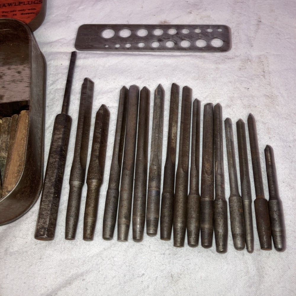 Vintage original Rawlplug tin and contents - 16 tools