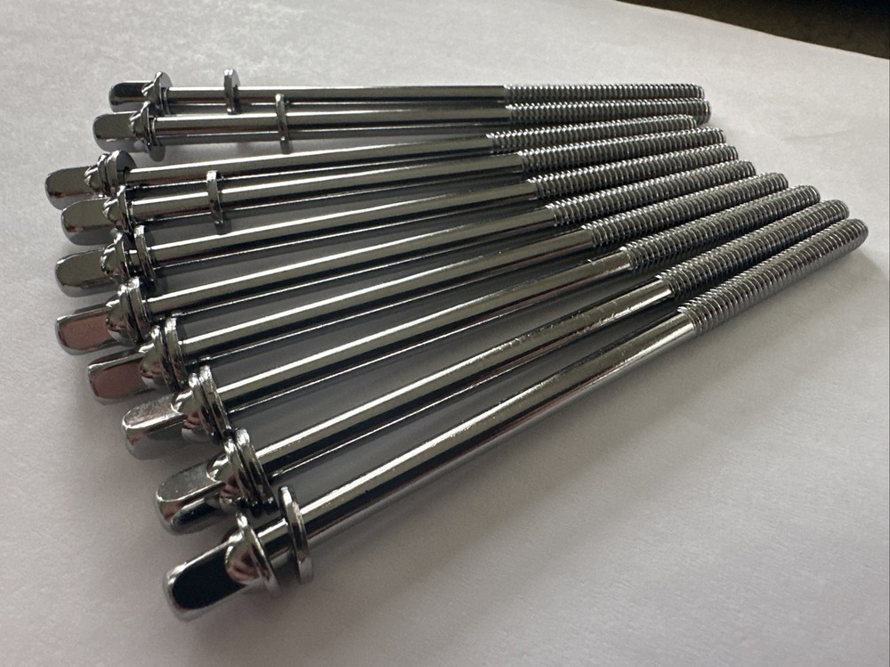 10 Drum Tension Rods 4” (102mm) Chrome w/Washers Thread Diameter 7/32" Drum Part