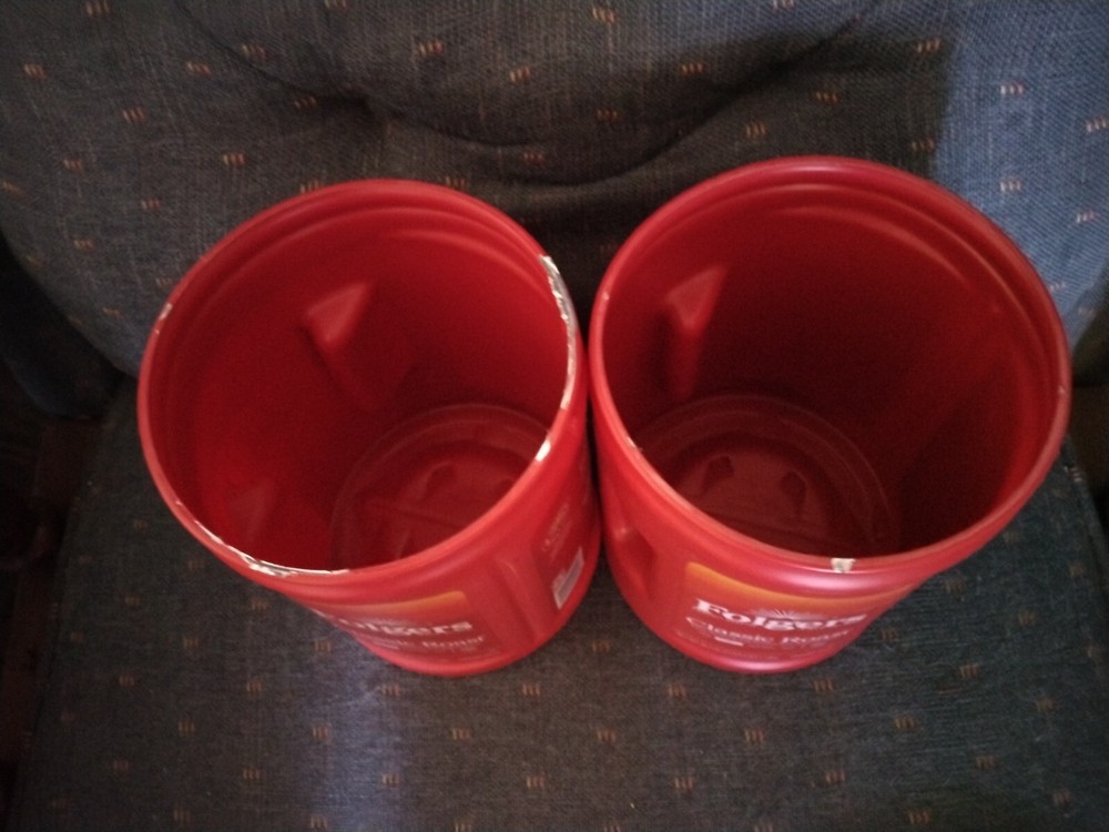 EMPTY PLASTIC FOLGERS CANS 40.3 oz each