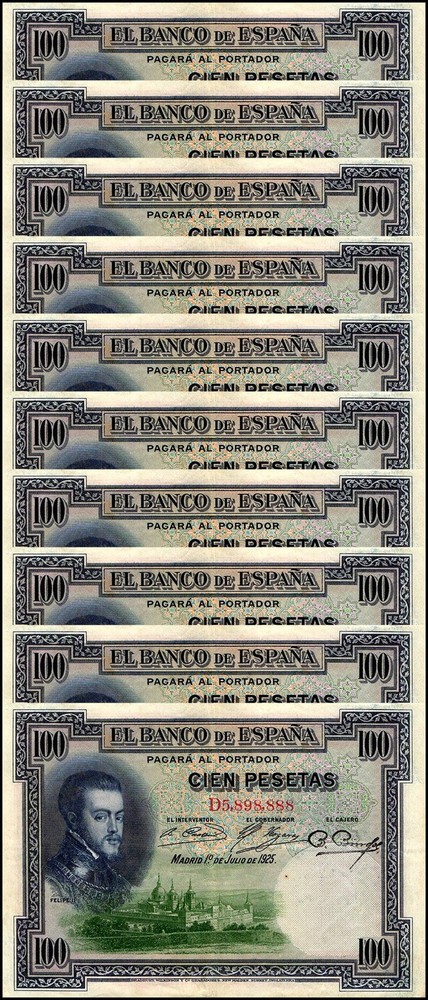 Spain 100 Pesetas, 1925, P-69, Used X 10 PCS