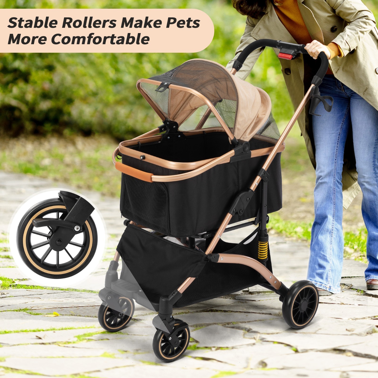 3-in-1 Foldable 4-Wheel Dog Pet Stroller Lightweight with Basket & Cup Holder
