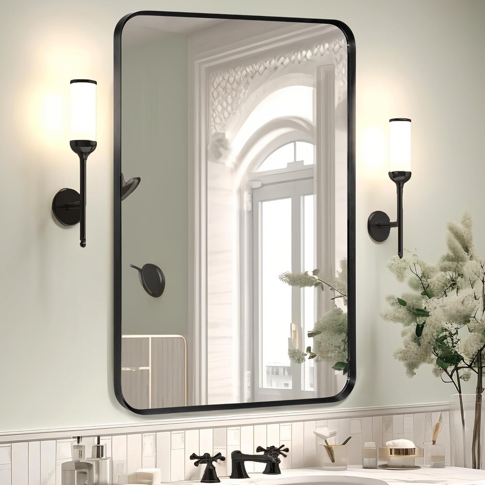 Wall Mount Mirror Bathroom Brush Black Metal Framed Rounded Corner Rectangular