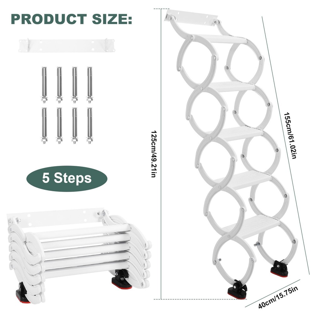 5-8 Steps Wall Mounted Folding Ladder Attic Ladder Pull Down Telescopic Stairs