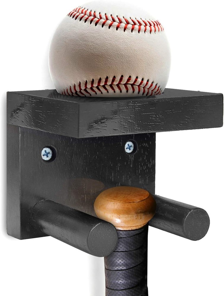 TOBWOLF Baseball Bat Rack Ball Display Holder, Solid Wood Vertical Wall Mount Br