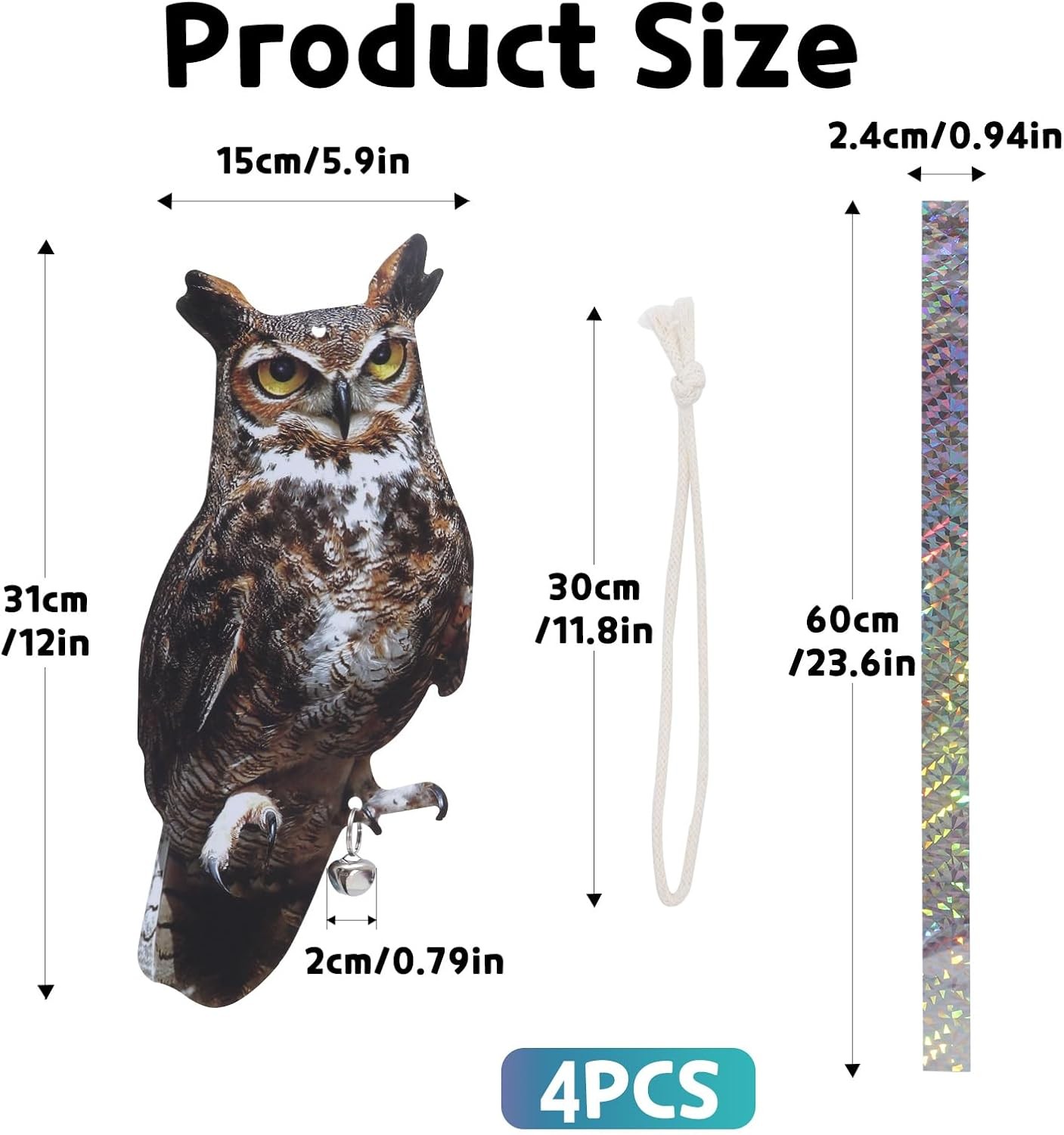 Bird Scarer, 4Pack Fake Owl Hanging to Keep Birds Away Mighty Hawks 4pcs